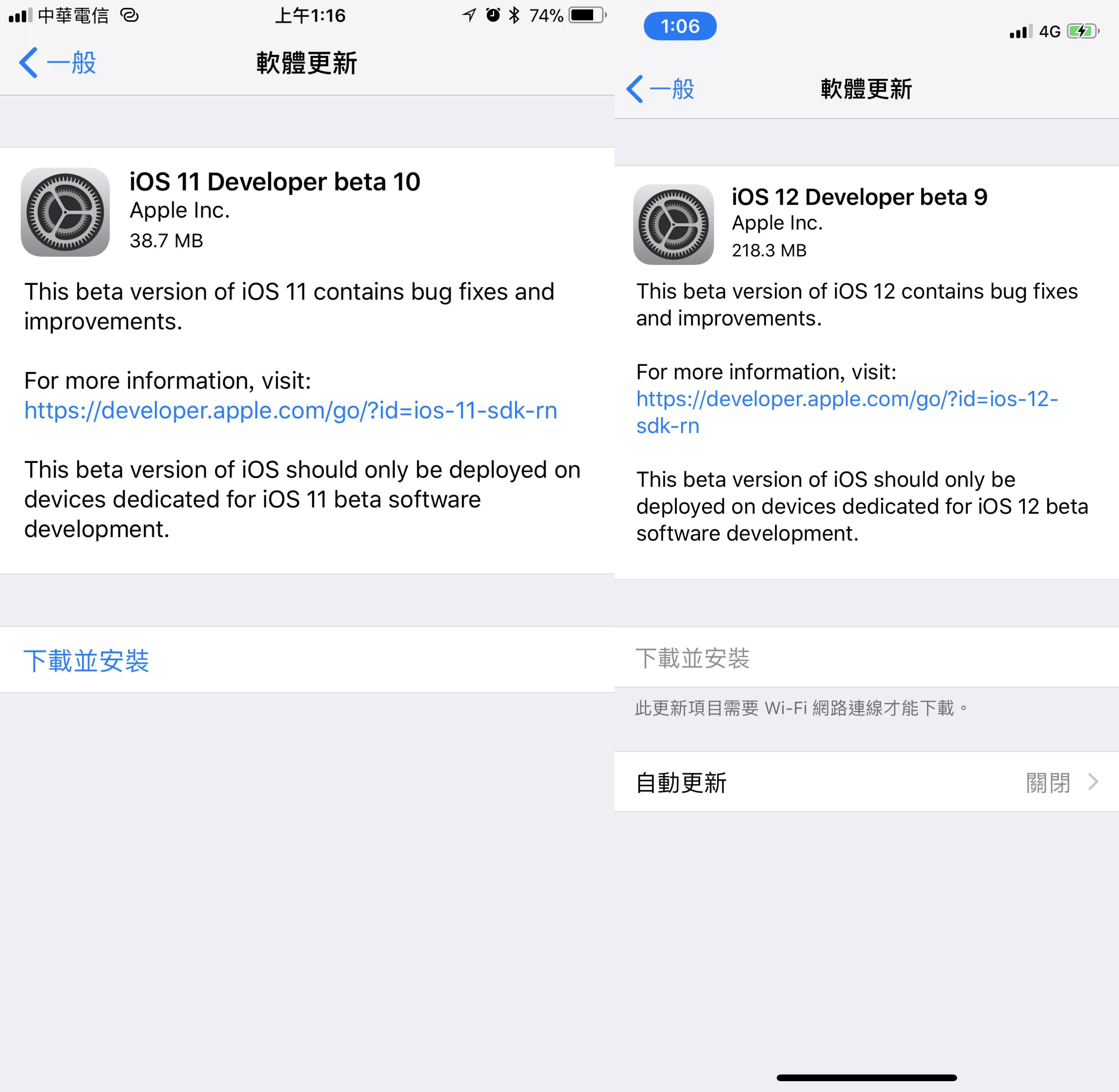 iOS 12、iOS 11、測試版