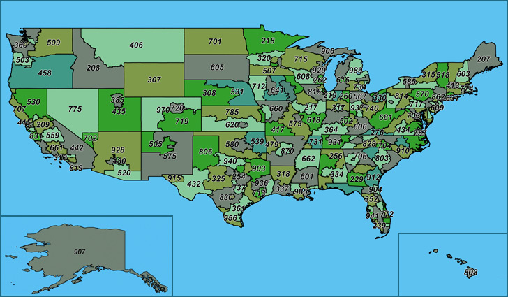 Map of all area codes in the us