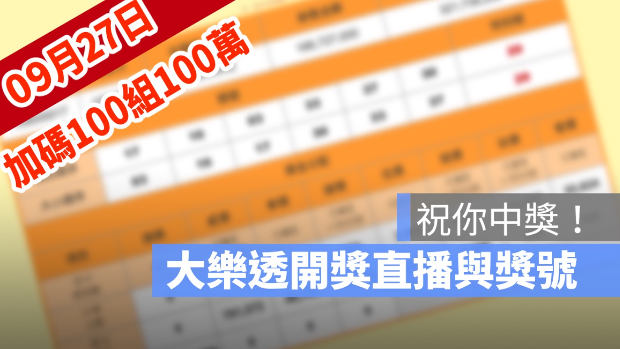 9月27日大樂透「100組100萬」加碼開獎：開獎號碼與加碼獎號查詢