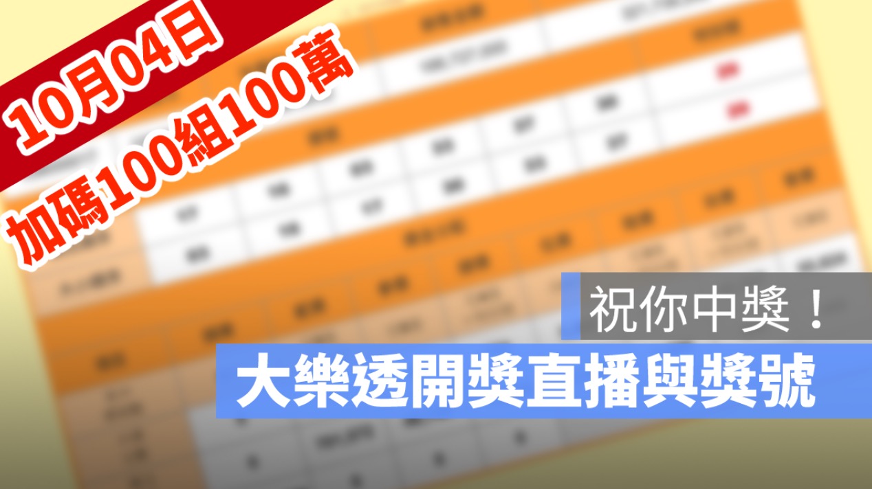 10月4日大樂透「100組100萬」加碼開獎：開獎號碼與加碼獎號查詢