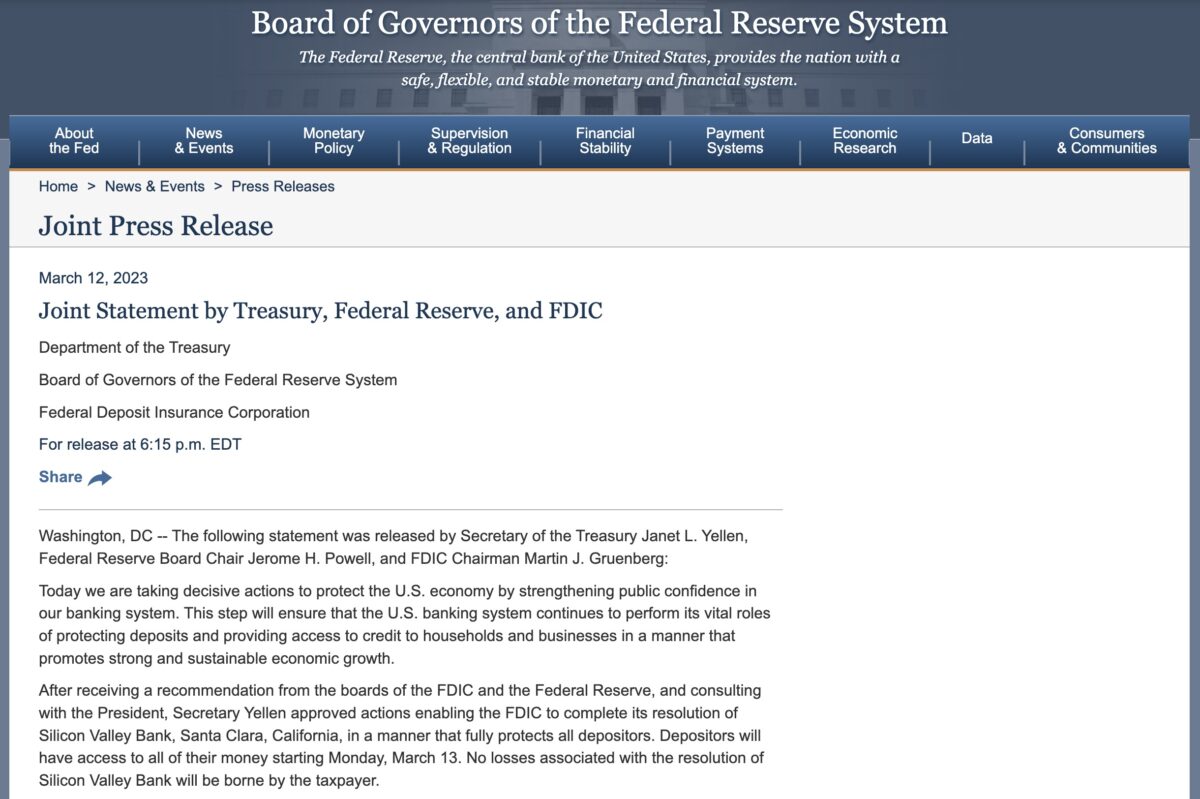 美聯儲 FDIC 美國財政部發表聲明