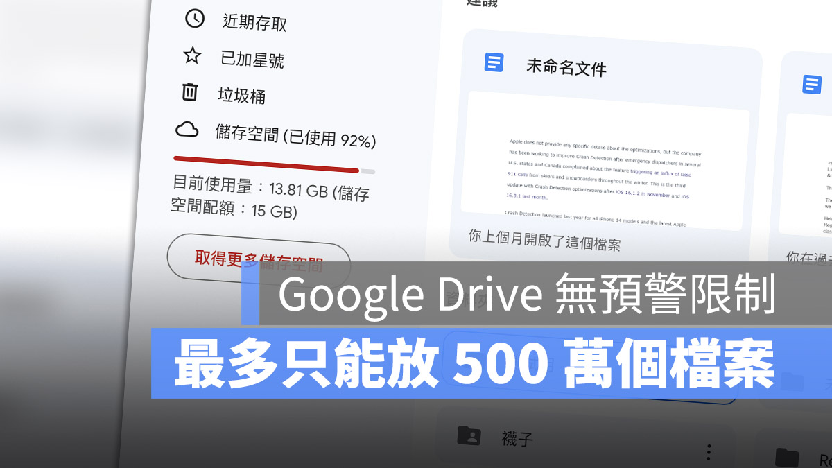 Google Drive 限制檔案數量 500萬 雲端硬碟 雲端空間