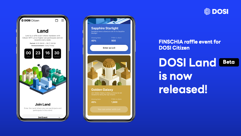 全新獎勵機制「DOSI Land」Beta 版即日起宣布啟用，DOSI Citizen將有機會於全球 NFT 平台 DOSI 獲得加密資產 FINSCHIA (FNSA)