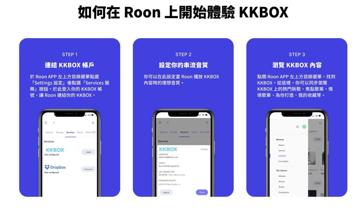 如何在 Roon App 設定連結 KKBOX，敬請參閱附圖操作說明