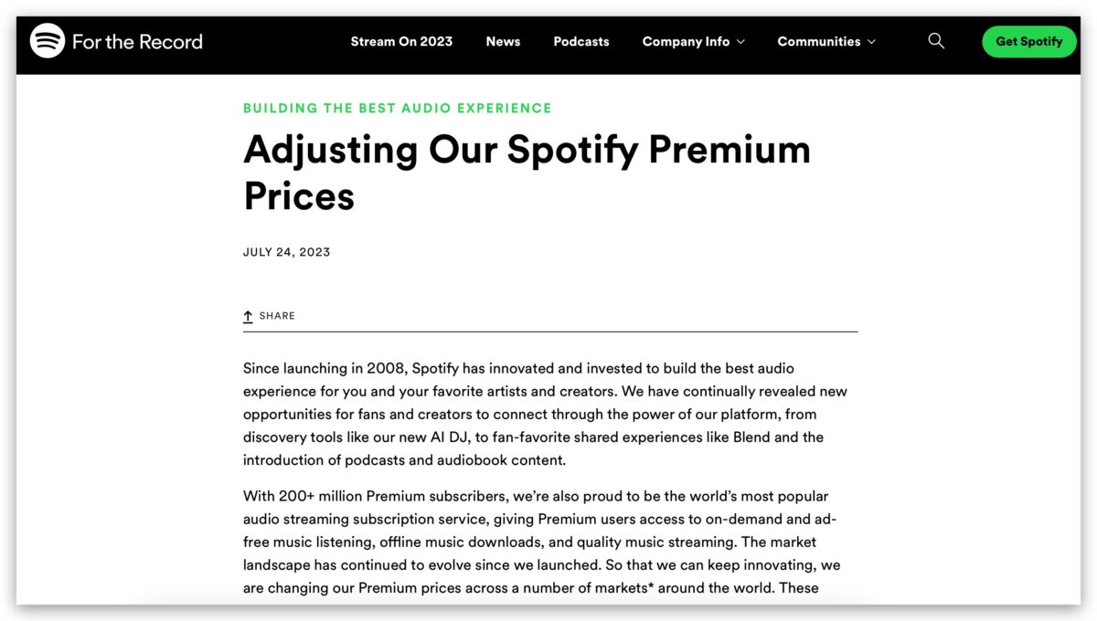 Spotify 漲價