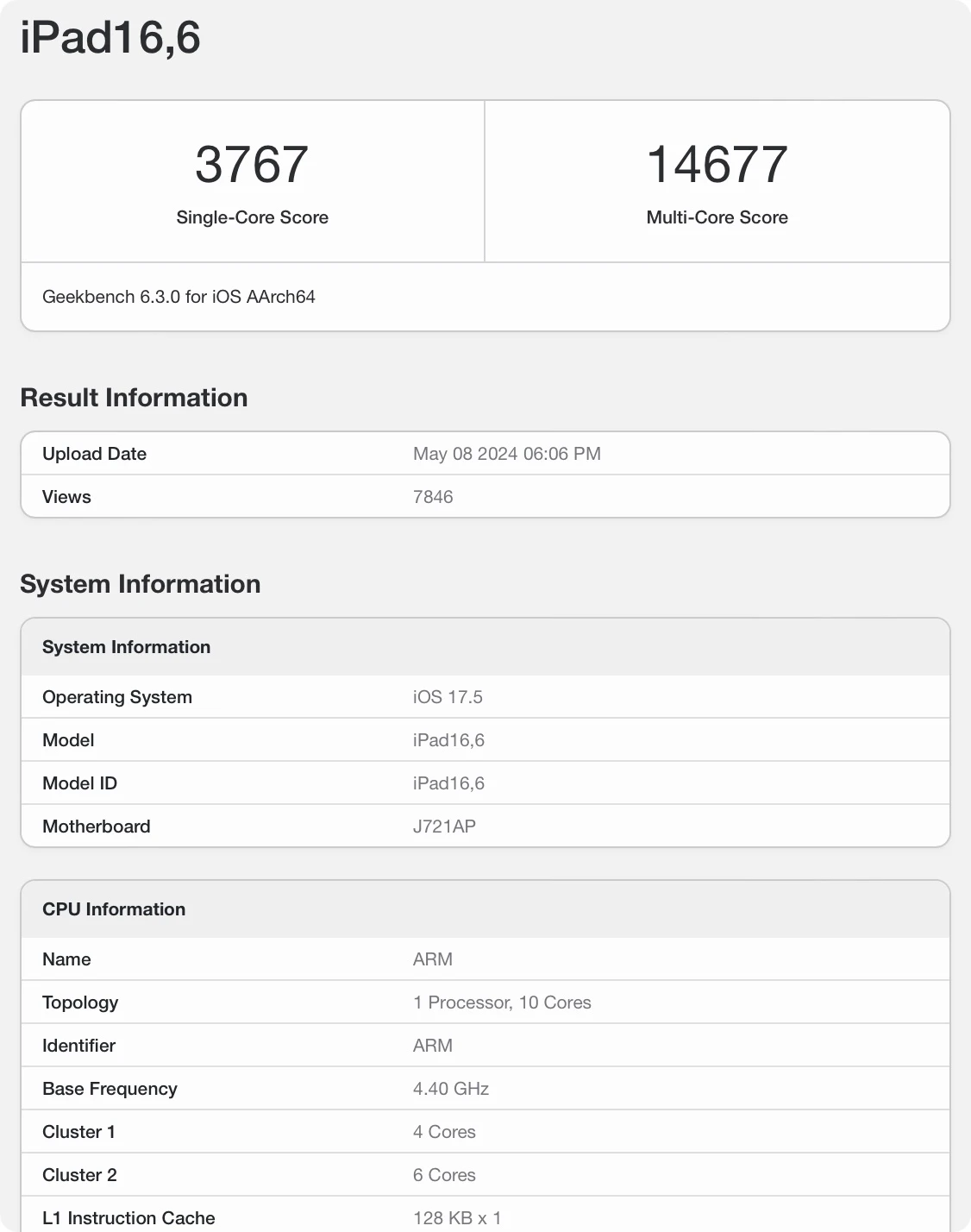M4 iPad Pro Geekbench 跑分結果