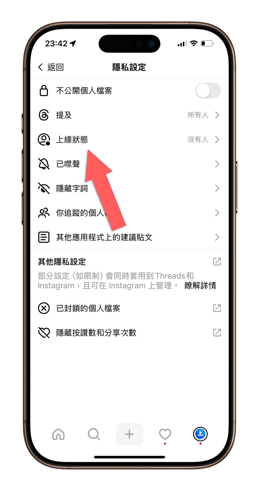 Threads 綠點 上線狀態 隱私設定