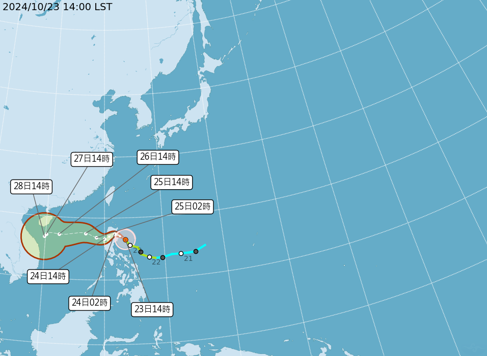 潭美颱風最新動態：未來路徑預計朝西往呂宋島及南海移動，直接襲臺機率較低。圖源：中央氣象署