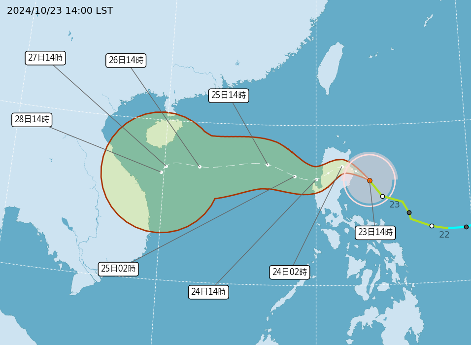 潭美颱風路徑：最接近台灣的時間為 23 日晚間～25 日上午。圖源：中央氣象署