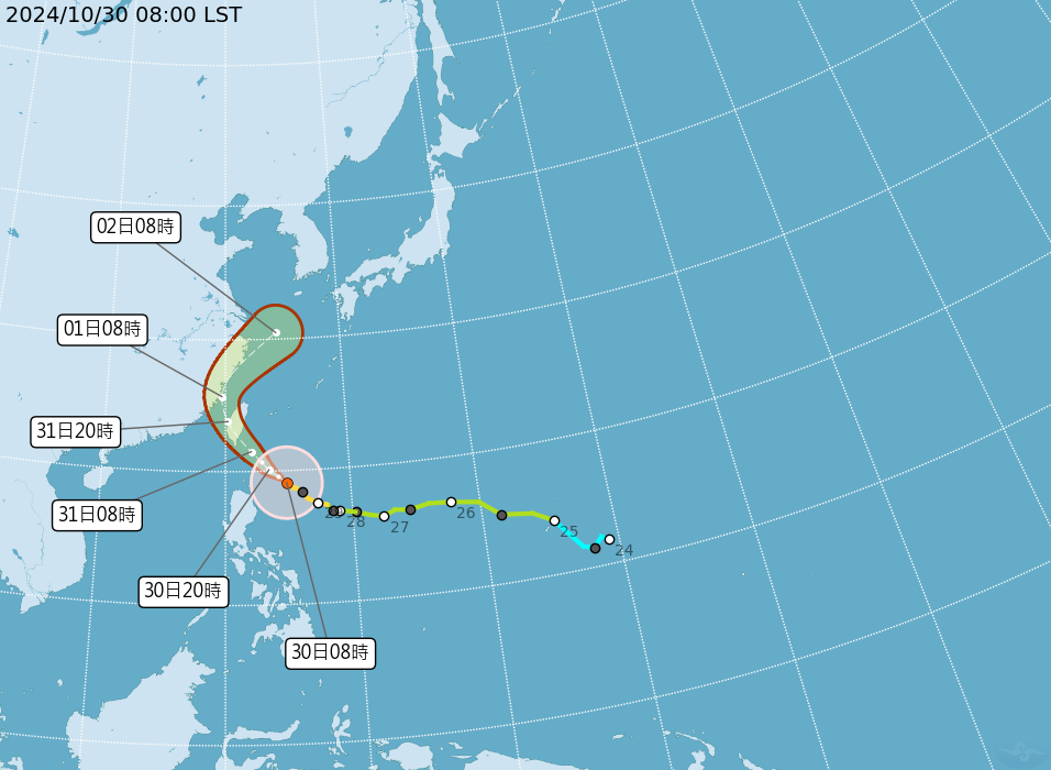 颱風康芮路徑預測圖，圖源：氣象署