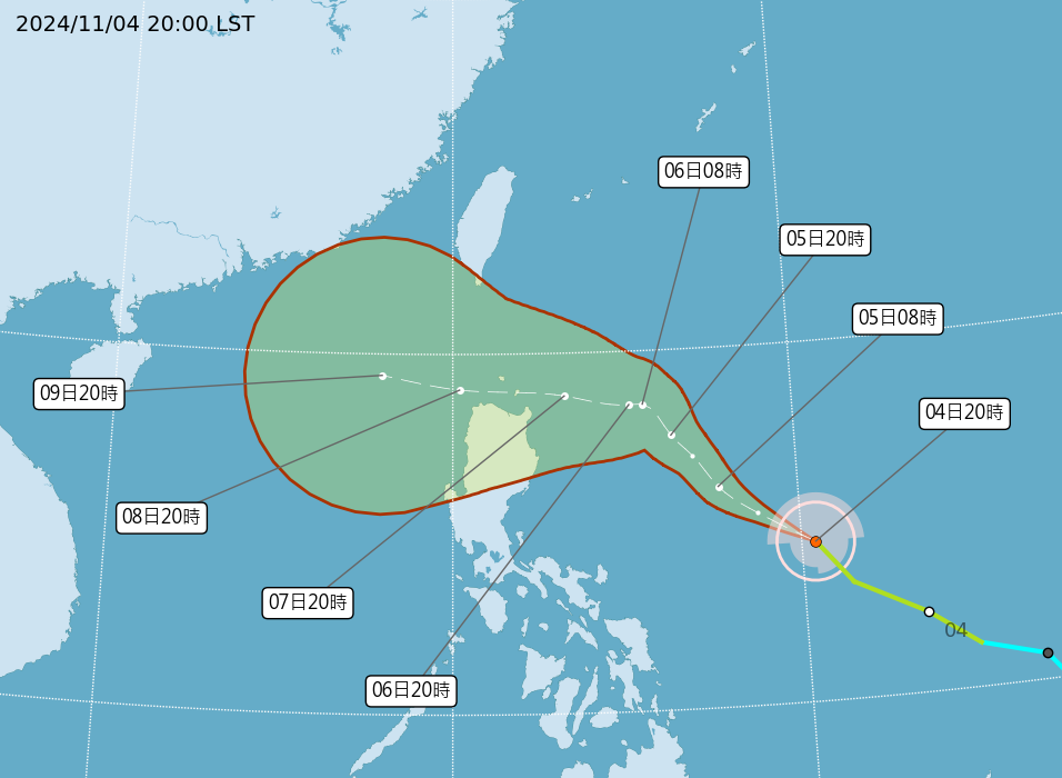 銀杏颱風動態、路徑預測圖。圖源：氣象署官網
