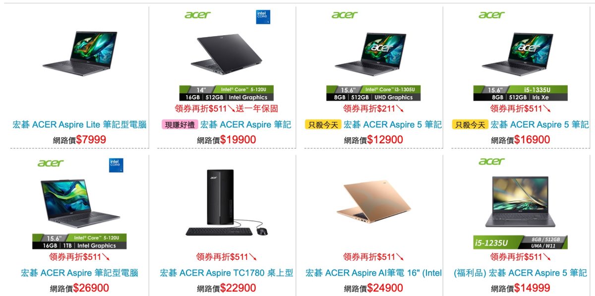 Acer Aspire Lite 15.6 吋，優惠價只要 7,999 元／擷取自燦坤官網